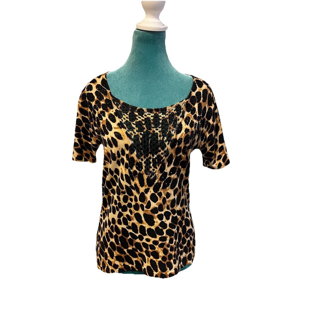 Y2K Christine Phillipe Silk Blend Leopard Print Beaded‎ Top Womens Large Animal